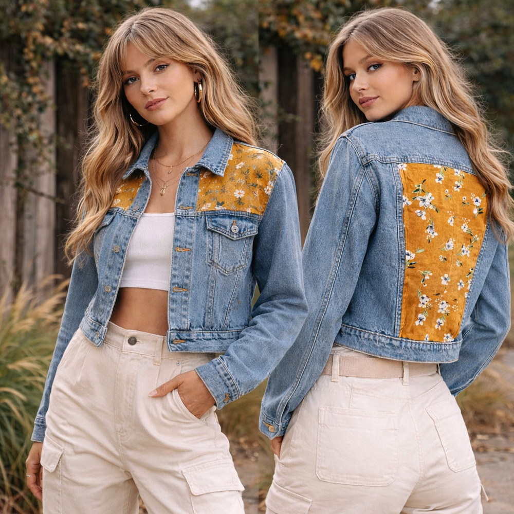Upcycled Floral Denim Jacket Women’s Small Tall Boho Indie One-of-a-Kind